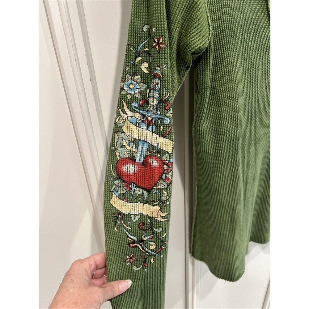 Jack Steven Waffle Knit Henley Shirt Green Tattoo Sleeve Boho Biker Chic USA